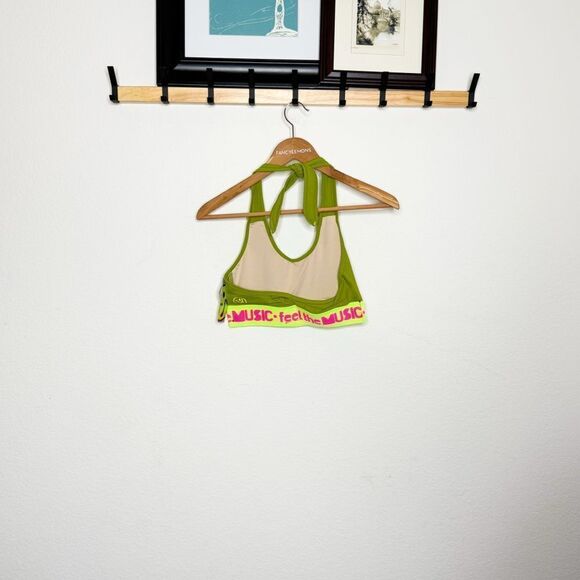 Zumba NWT! Feel It Halter Bar Sports Bra Soldier Green Neon Band Dance Fitness - Picture 2 of 6